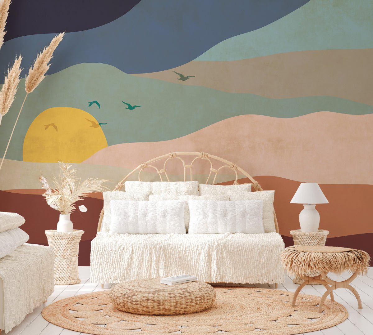 Abstract bird flight wall mural with colorful navy mountain silhouettes.