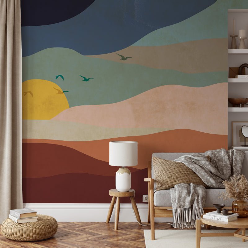 Abstract landscape wall mural with geometric sun for living room.