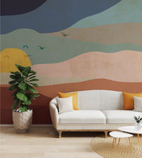 Bohemian style desert sunset wall mural in dark orange and blue shades.