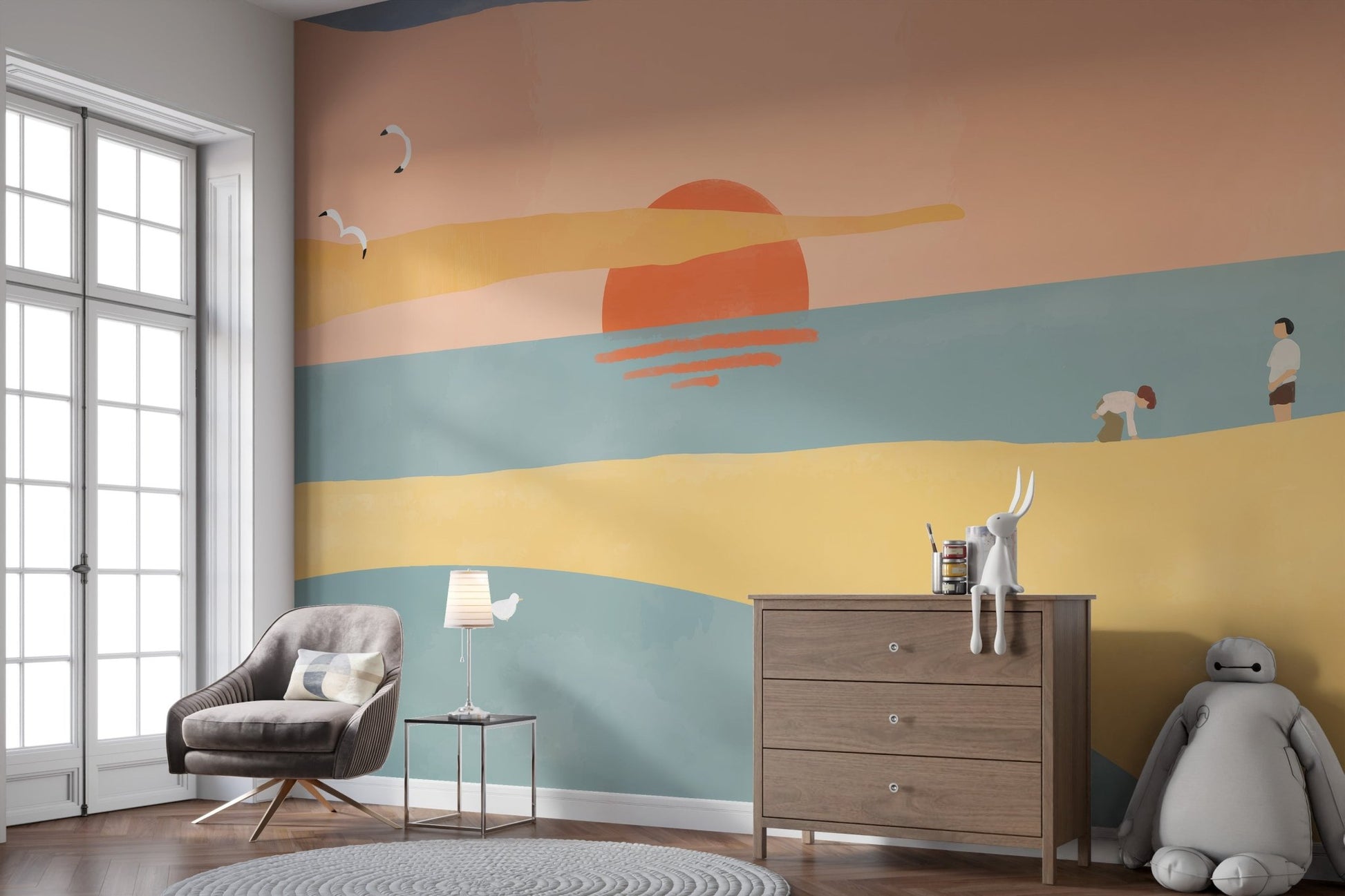 Beach themed wall mural with muted blue and peach color tones.
