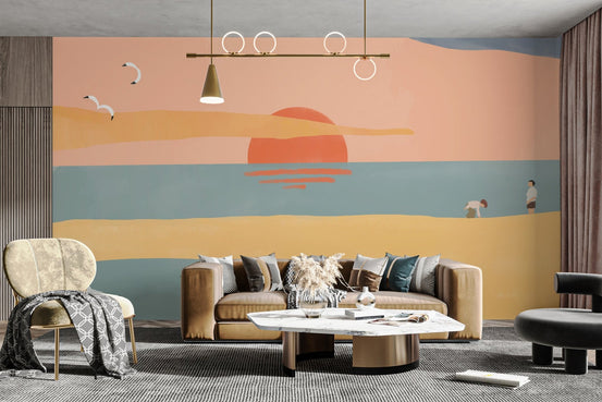 Sunset beach wallpaper mural in a soft painted art style for homes.