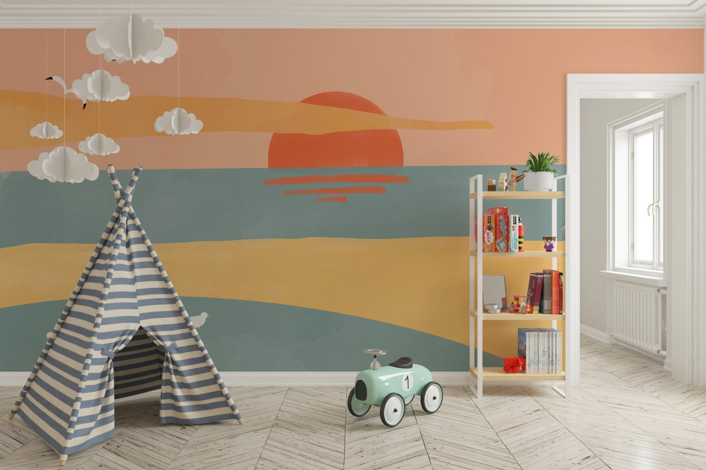 Coastal landscape wall mural with a large red sun over the horizon.