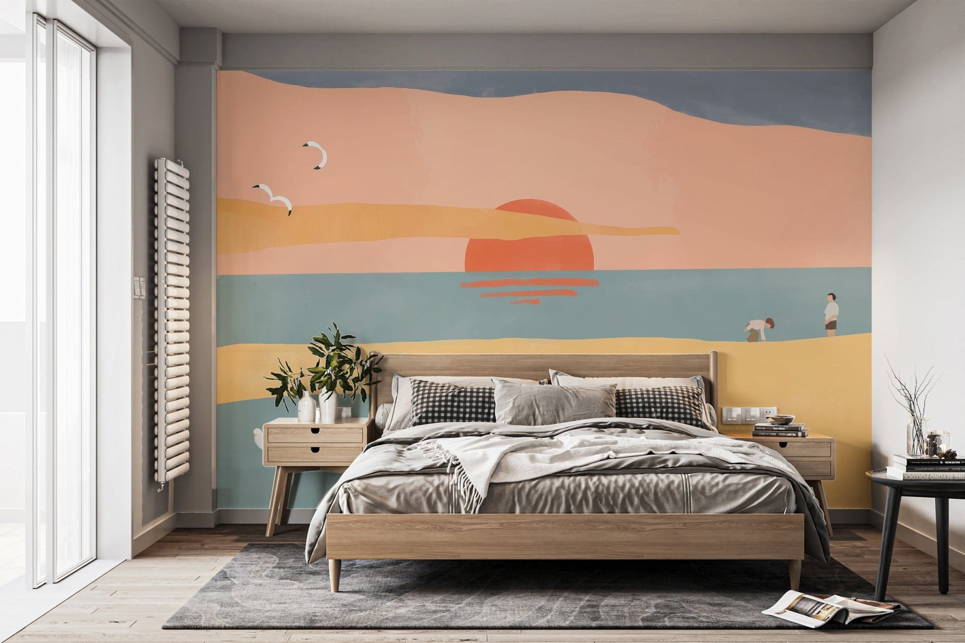 Sunset beach wallpaper mural featuring a minimalist watercolor ocean landscape.