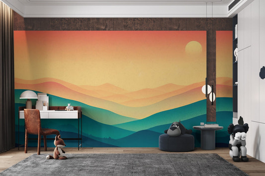 Sunset misty mountain wallpaper in vibrant teal and orange shades.