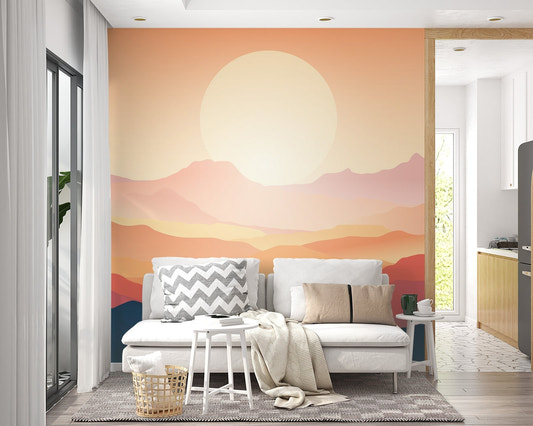 Sunset mountain landscape wall mural with orange and blue ridges.
