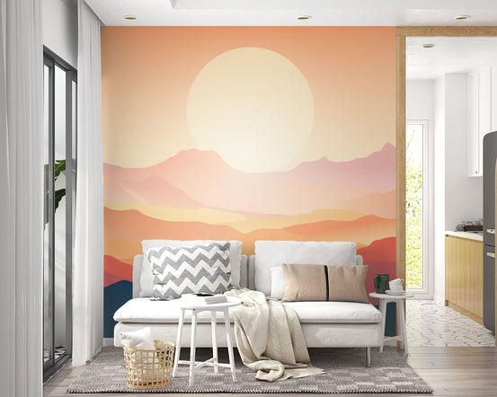 Sunset mountain landscape wall mural with orange and blue ridges.