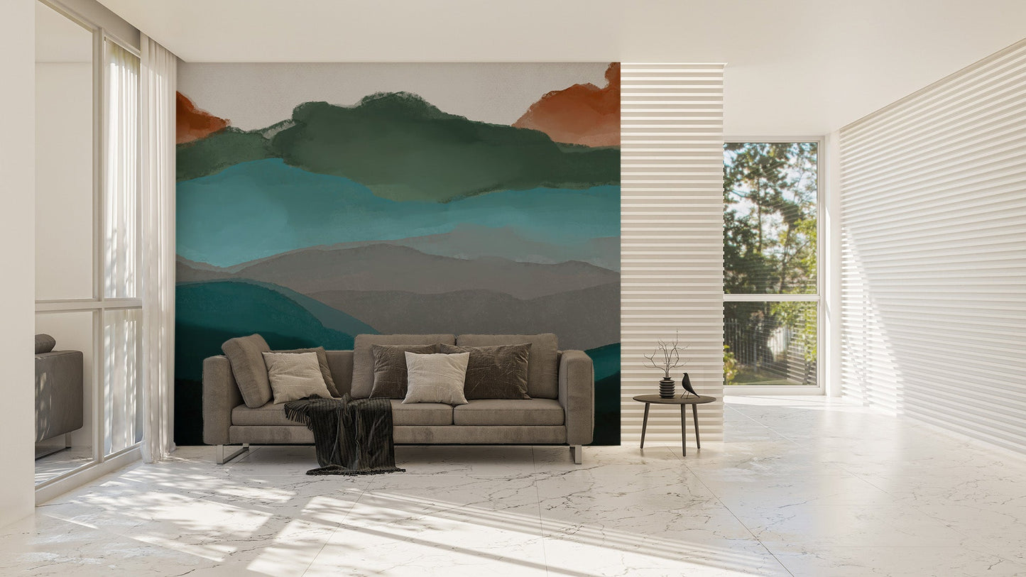 Abstract sunset mountains wallpaper in muted earthy color palette.