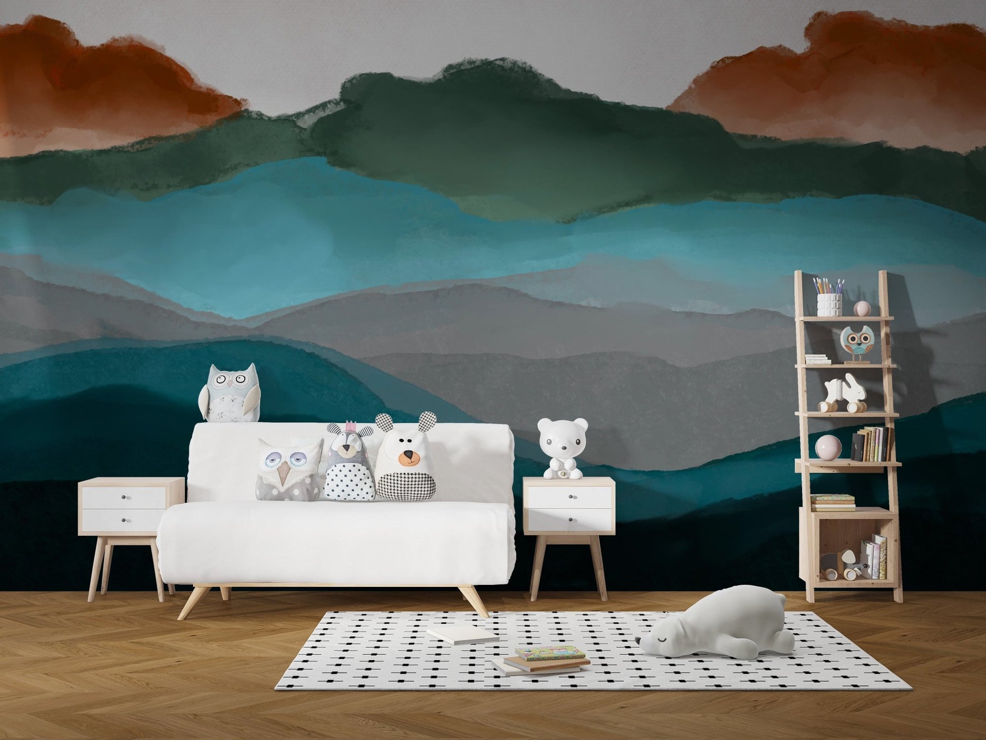 Painterly mountain wallpaper mural in deep blue and copper hues.