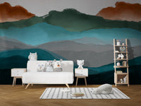 Painterly mountain wallpaper mural in deep blue and copper hues.
