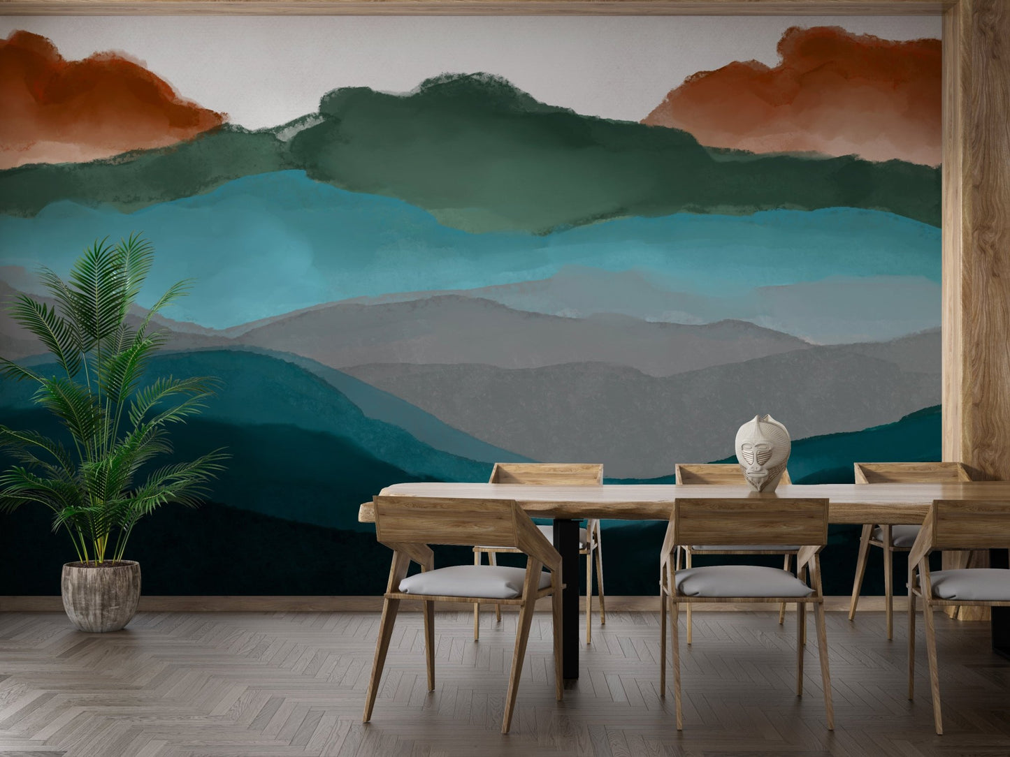 Abstract mountain wall mural in blue green and terracotta tones.