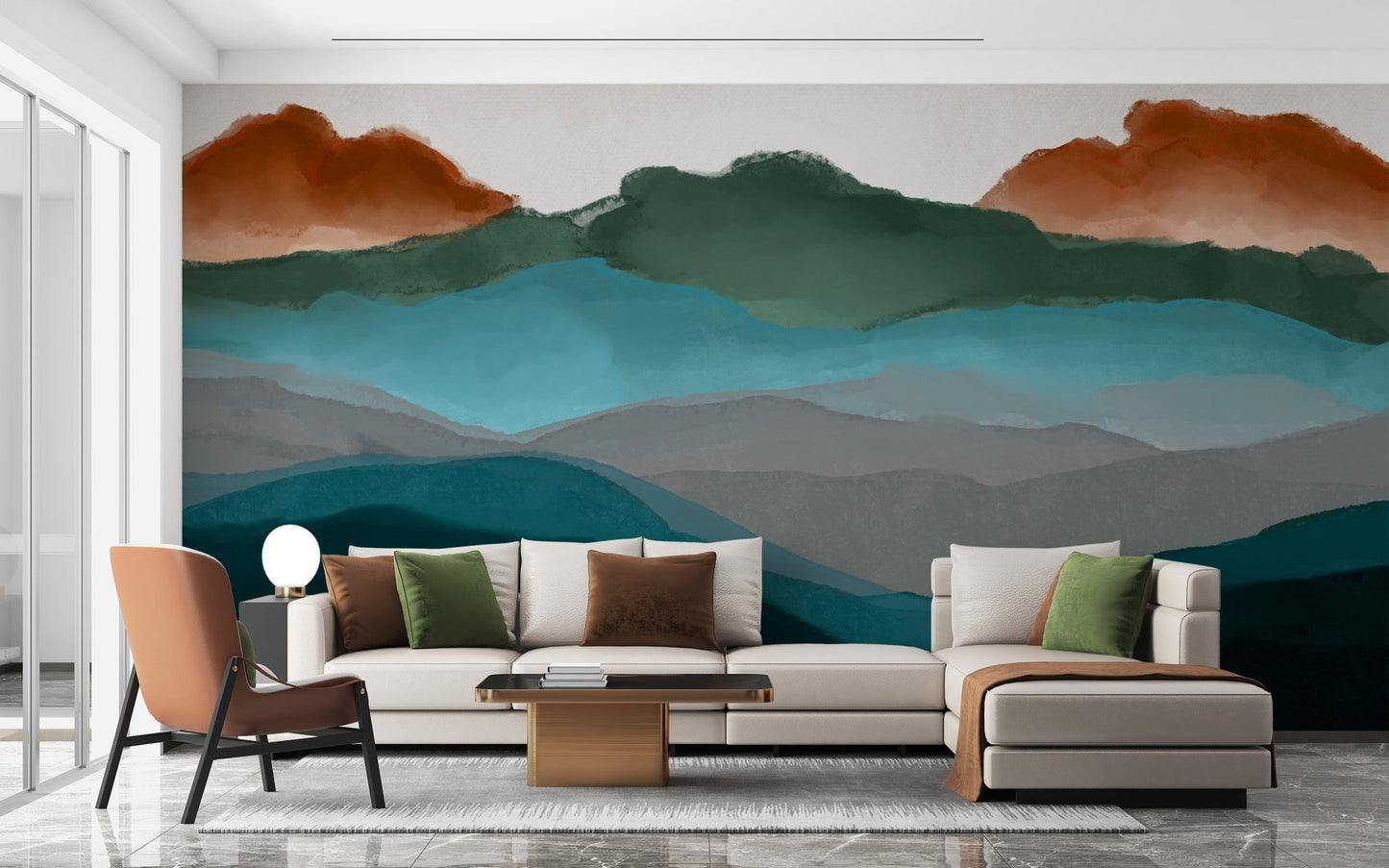 Scenic watercolor wall mural with soft fading mountain ridges.
