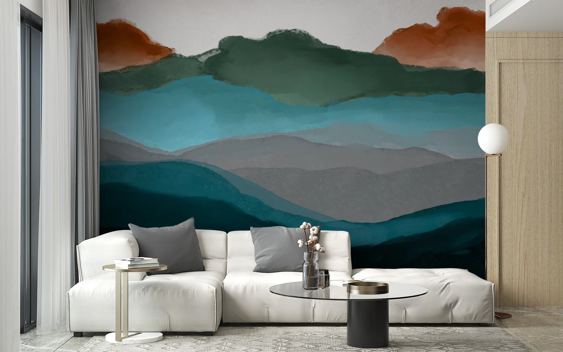 Textured mountain wallpaper mural with blended teal shades.
