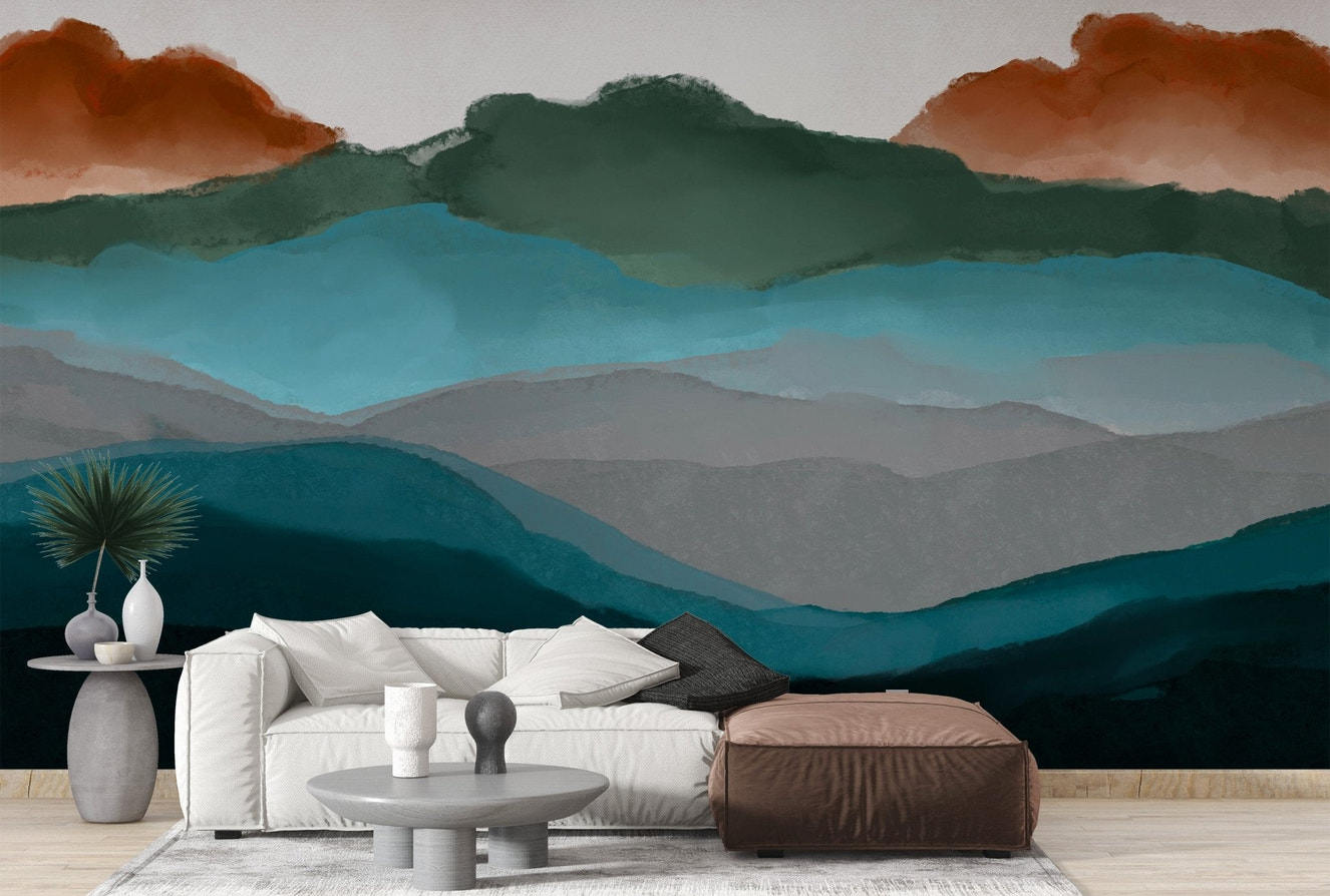 Sunset mountains wallpaper mural with layered teal and rust peaks.