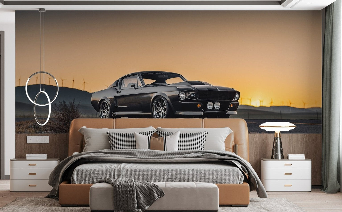 Retro coupe highway sunset wallpaper mural artwork.