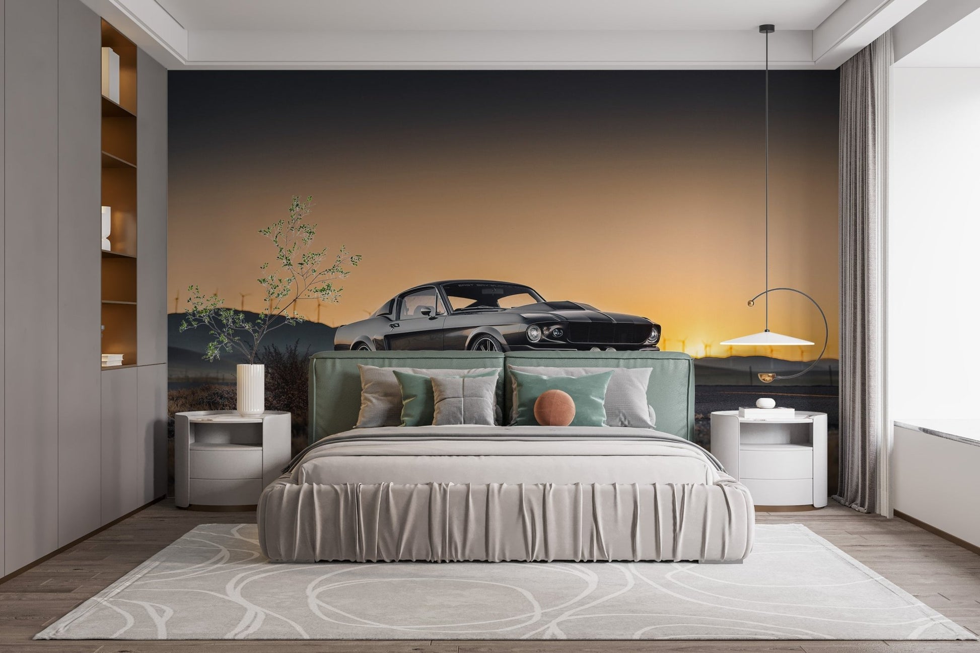 Matte black coupe sunset wallpaper mural decor.