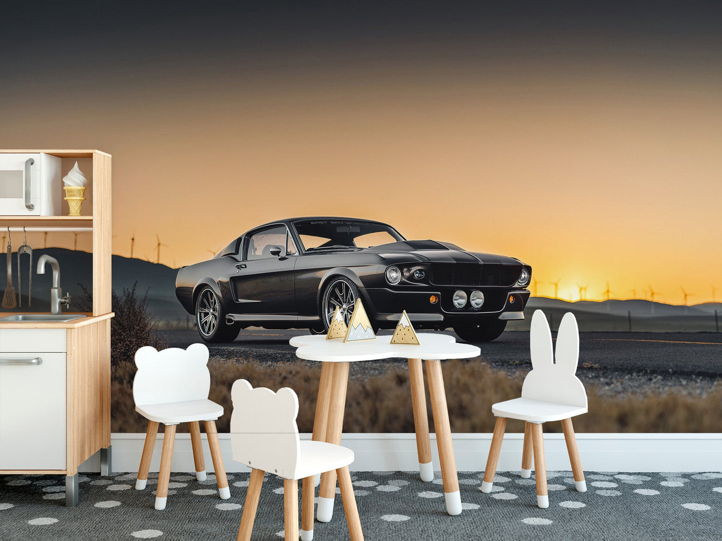 Modern automotive sunset wallpaper mural panoramic style.