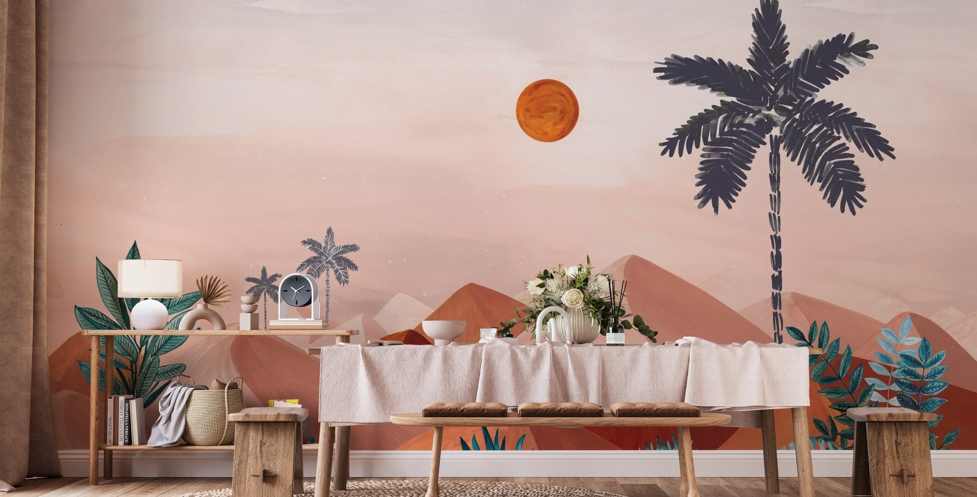 Warm sunset dunes wall mural with illustrated palm trees.