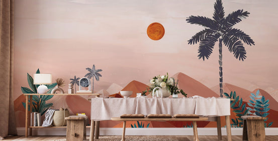 Warm sunset dunes wall mural with illustrated palm trees.