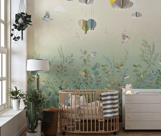 Sunshine garden wallpaper mural showcasing eucalyptus branches and garden snails.
