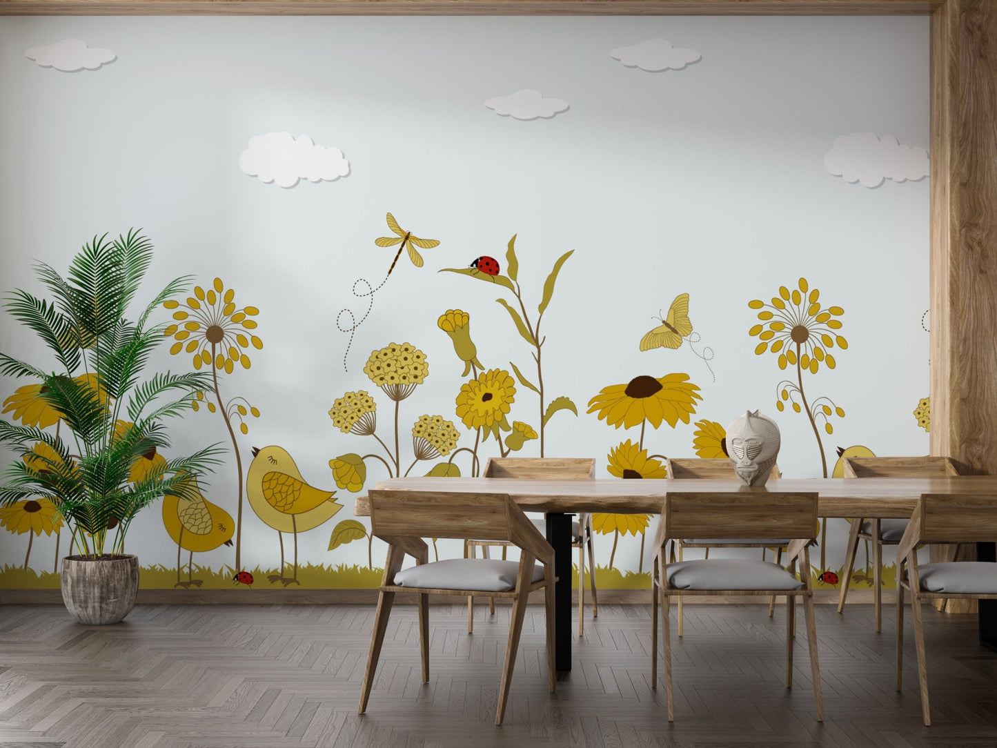 Sunshine serenade mural adding warmth and charm to dining space.
