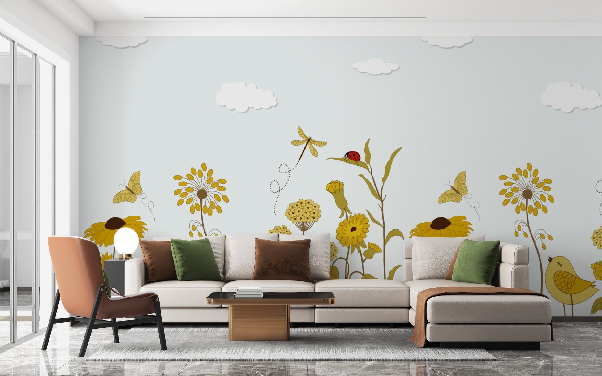 Sunshine serenade mural for uplifting and stylish living spaces.
