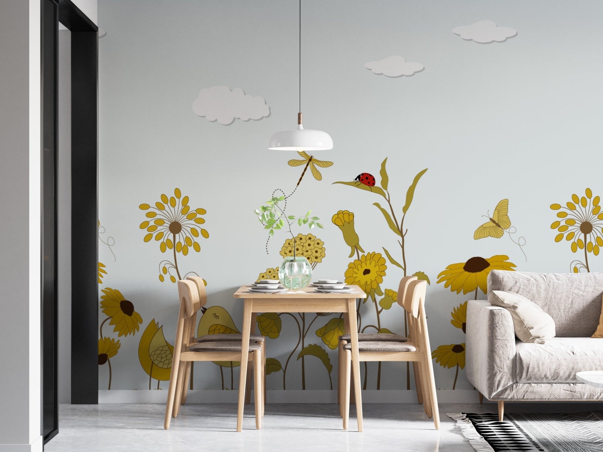 Artistic wall mural with a glowing sunshine serenade design in dining area.
