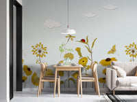 Artistic wall mural with a glowing sunshine serenade design in dining area.
