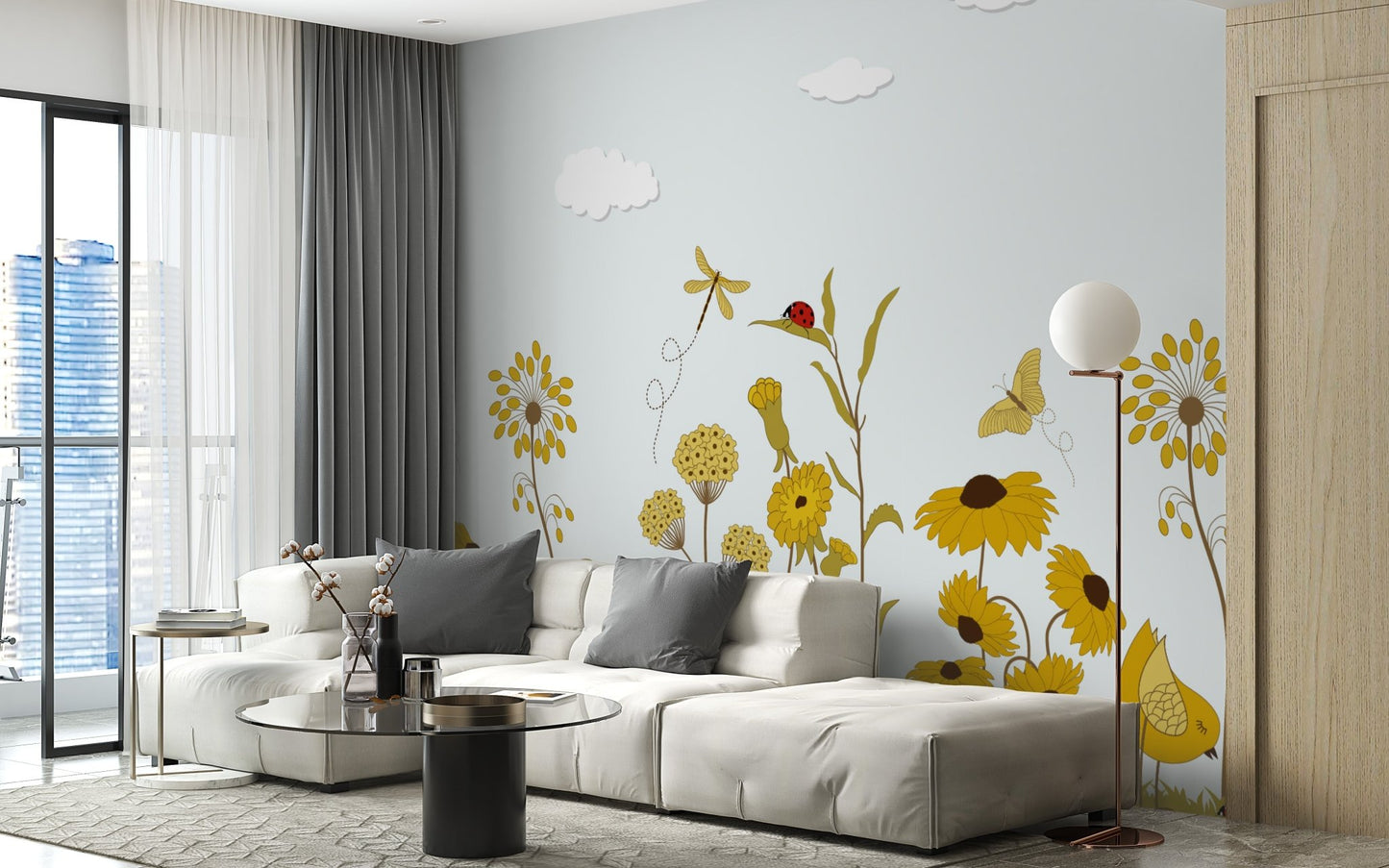 Sunshine serenade mural with vibrant hues for cheerful living room interiors.

