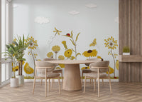 Sunshine-themed mural bringing brightness to modern dining room interiors.
