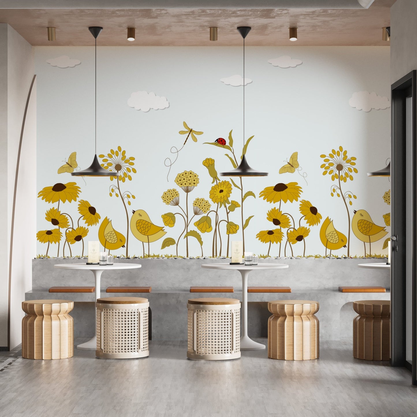 Vibrant sunshine serenade mural for lively and elegant dining walls
