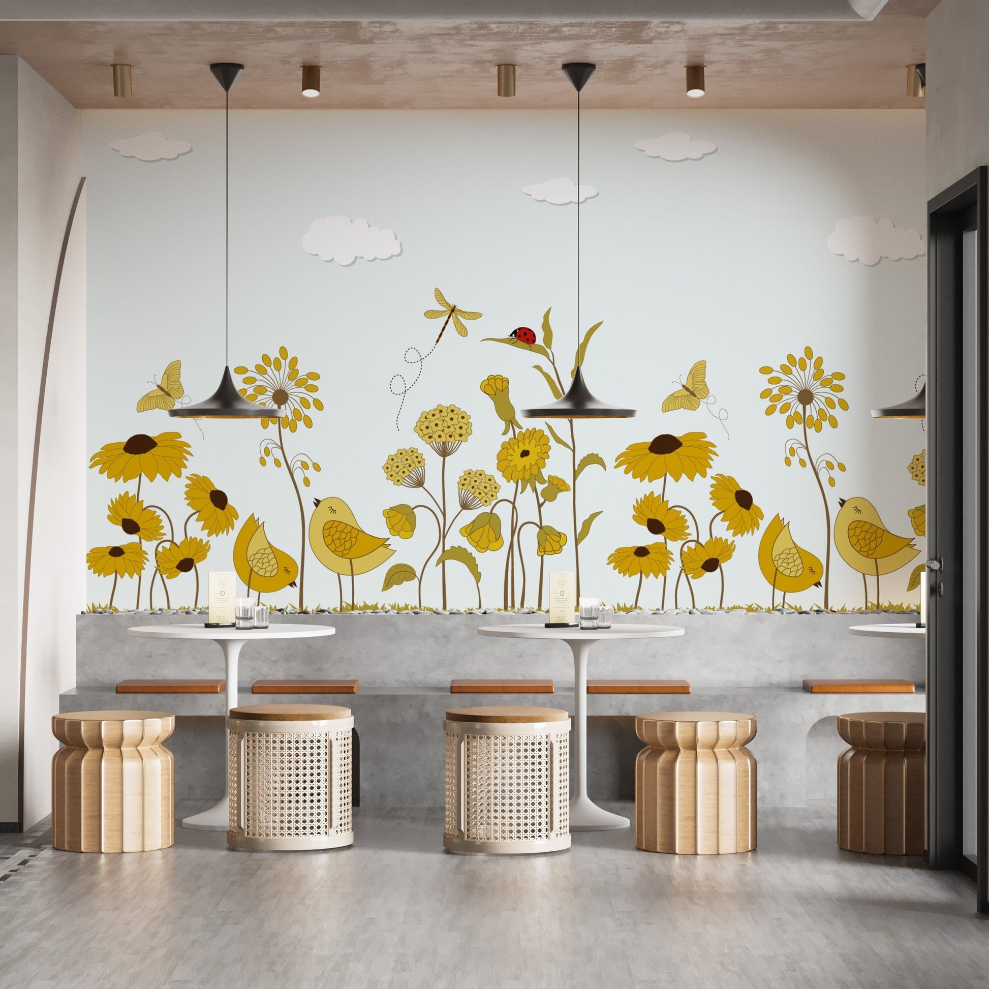 Vibrant sunshine serenade mural for lively and elegant dining walls
