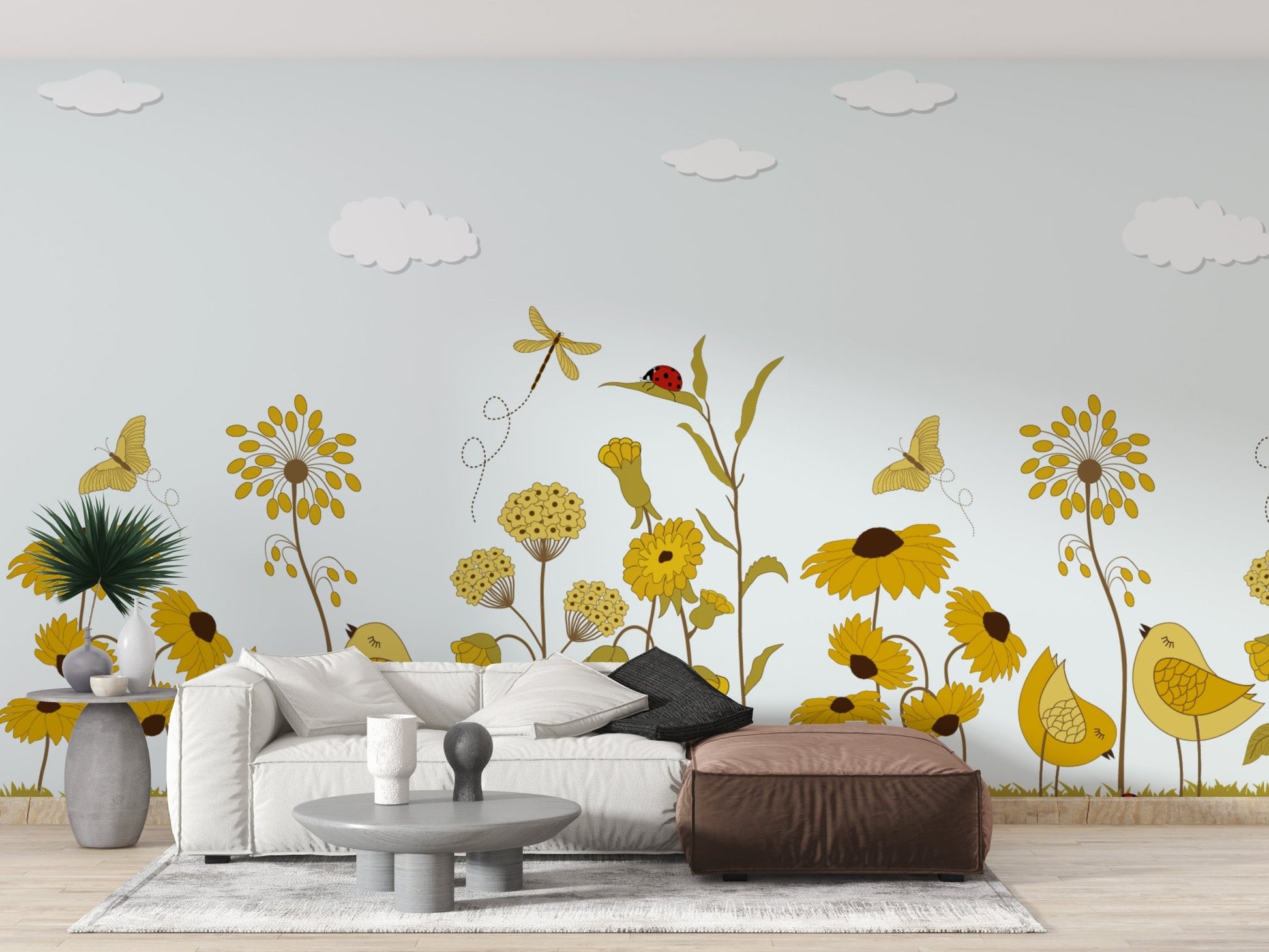 Artistic sunshine serenade mural for a warm and inviting ambiance in sitting area.
