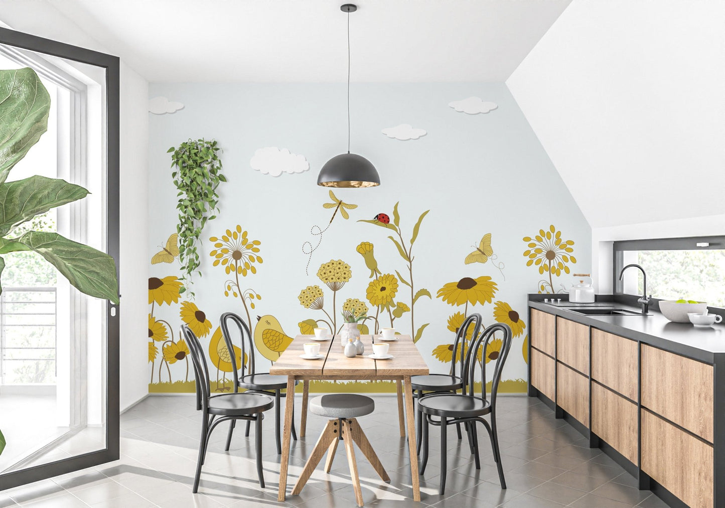 Wall mural featuring a serene sunshine theme for bright dining room spaces.
