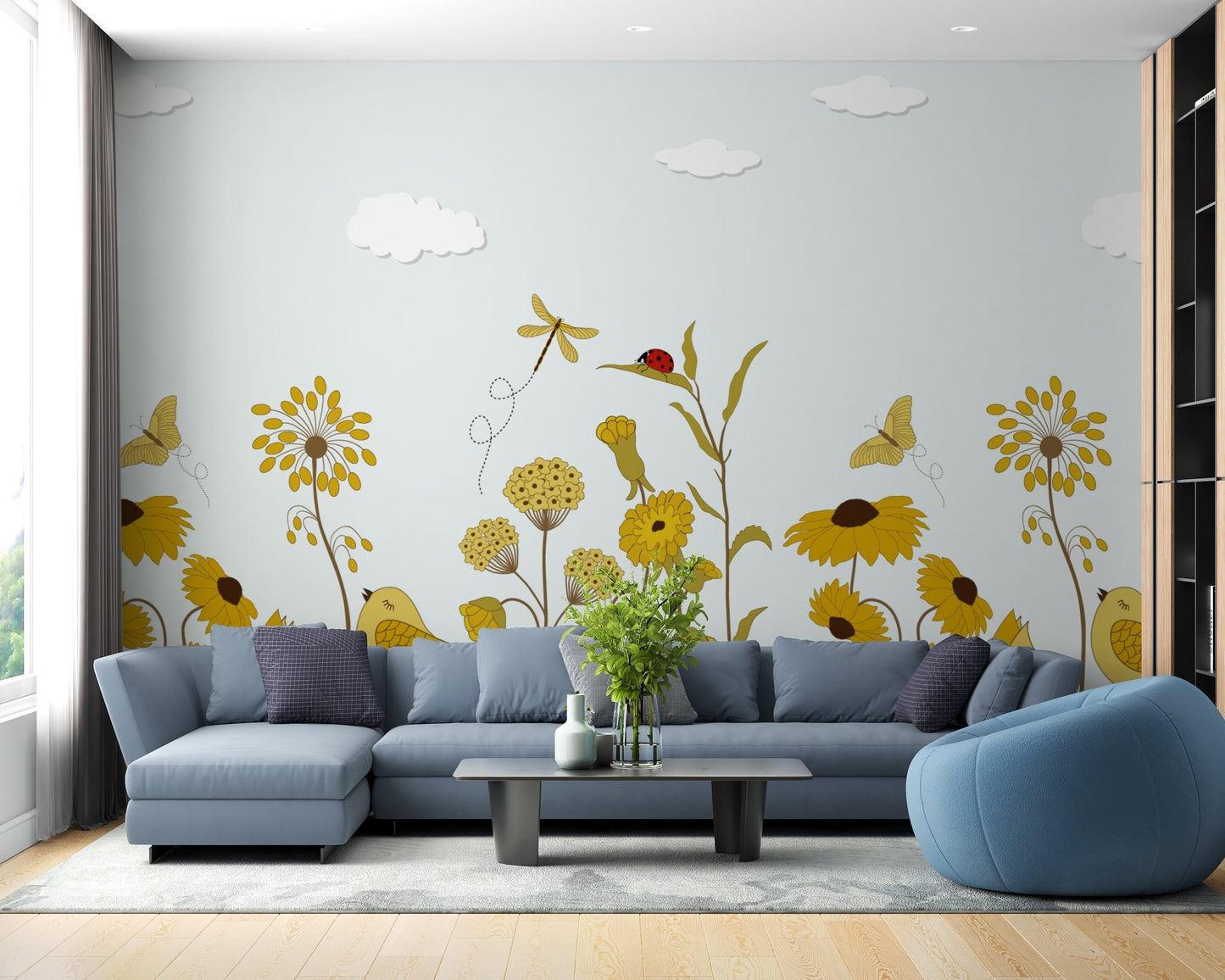 Serene mural showcasing a radiant sunshine serenade for living space decor.

