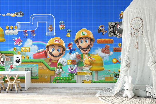 Super mario 3D wallpaper featuring mario and luigi in yellow hard hats.