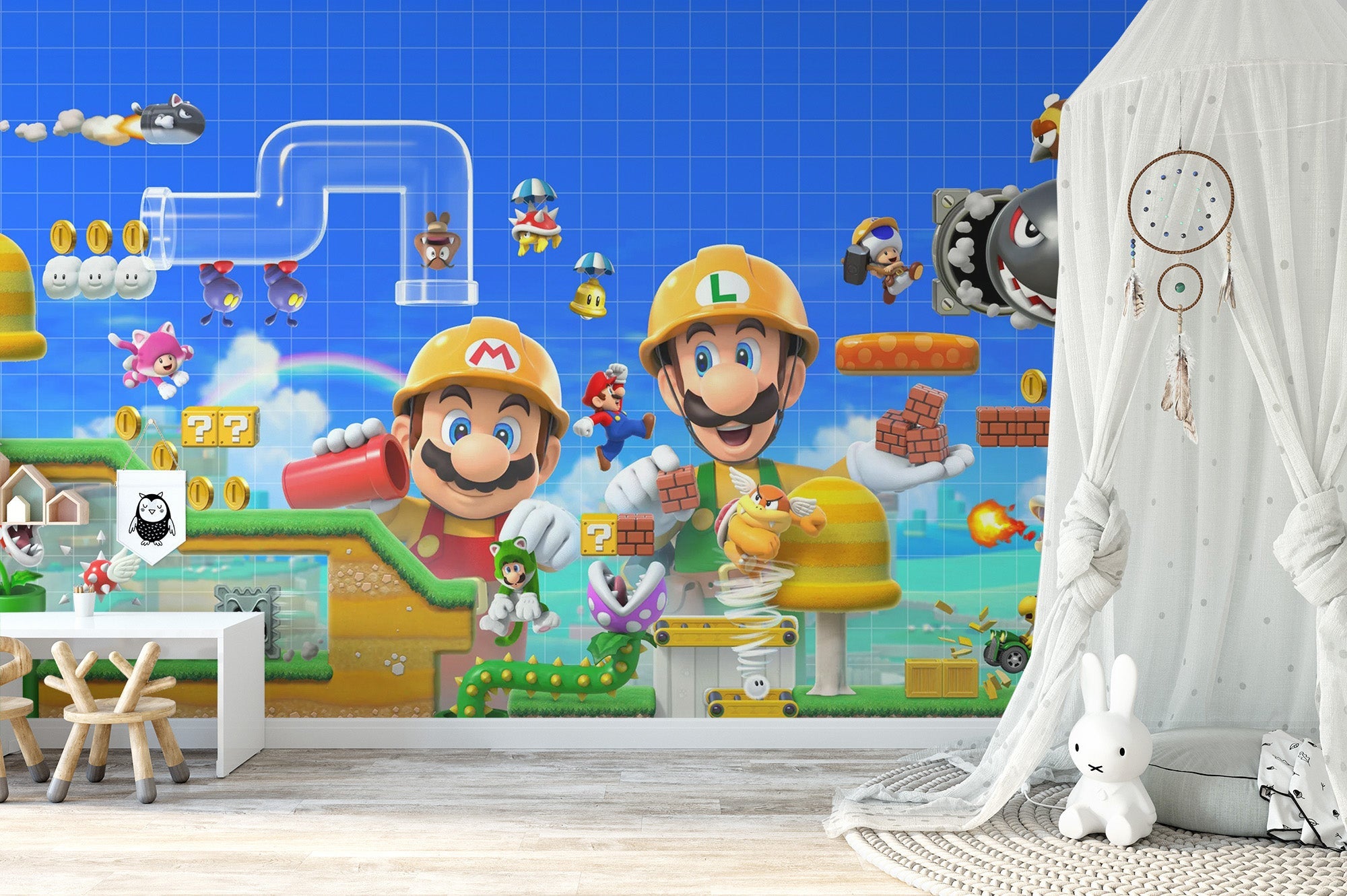 Super mario 3D wallpaper featuring mario and luigi in yellow hard hats.