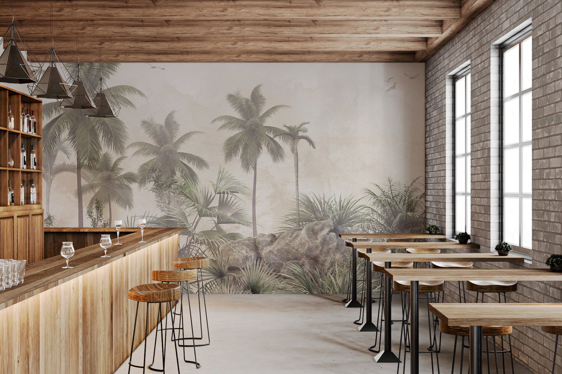 Tropical palm tree wall mural in a modern cafe setting.