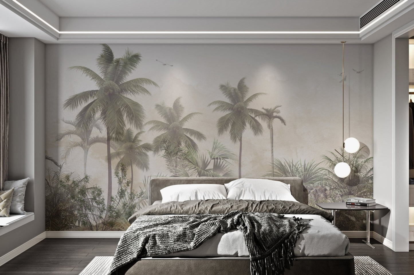 Surrounds Forest Pine Trees Leaves Wall mural in a well-lit bedroom.