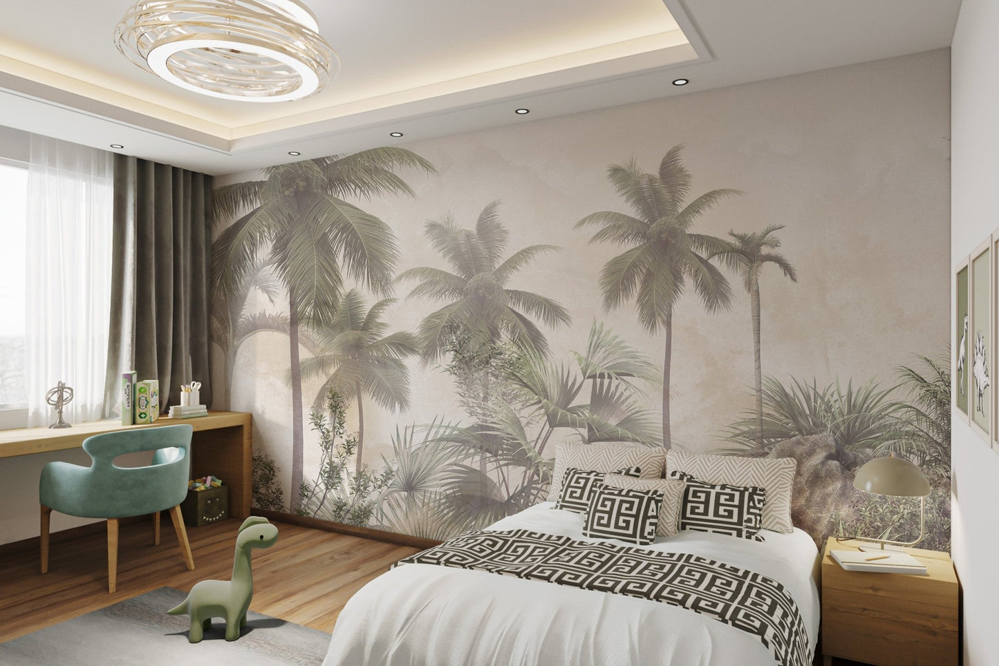 Grey misty forest wall mural for a minimalist study room.