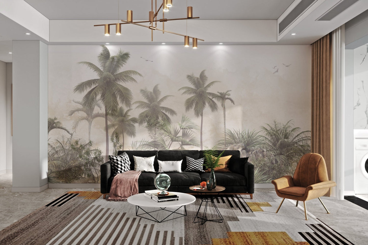 Large scale palm leaf wall mural in a spacious living area.