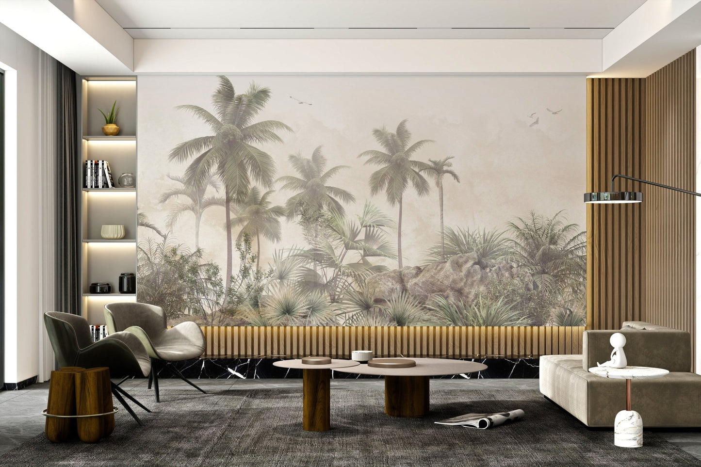 Muted tropical landscape wall mural for a professional office space.