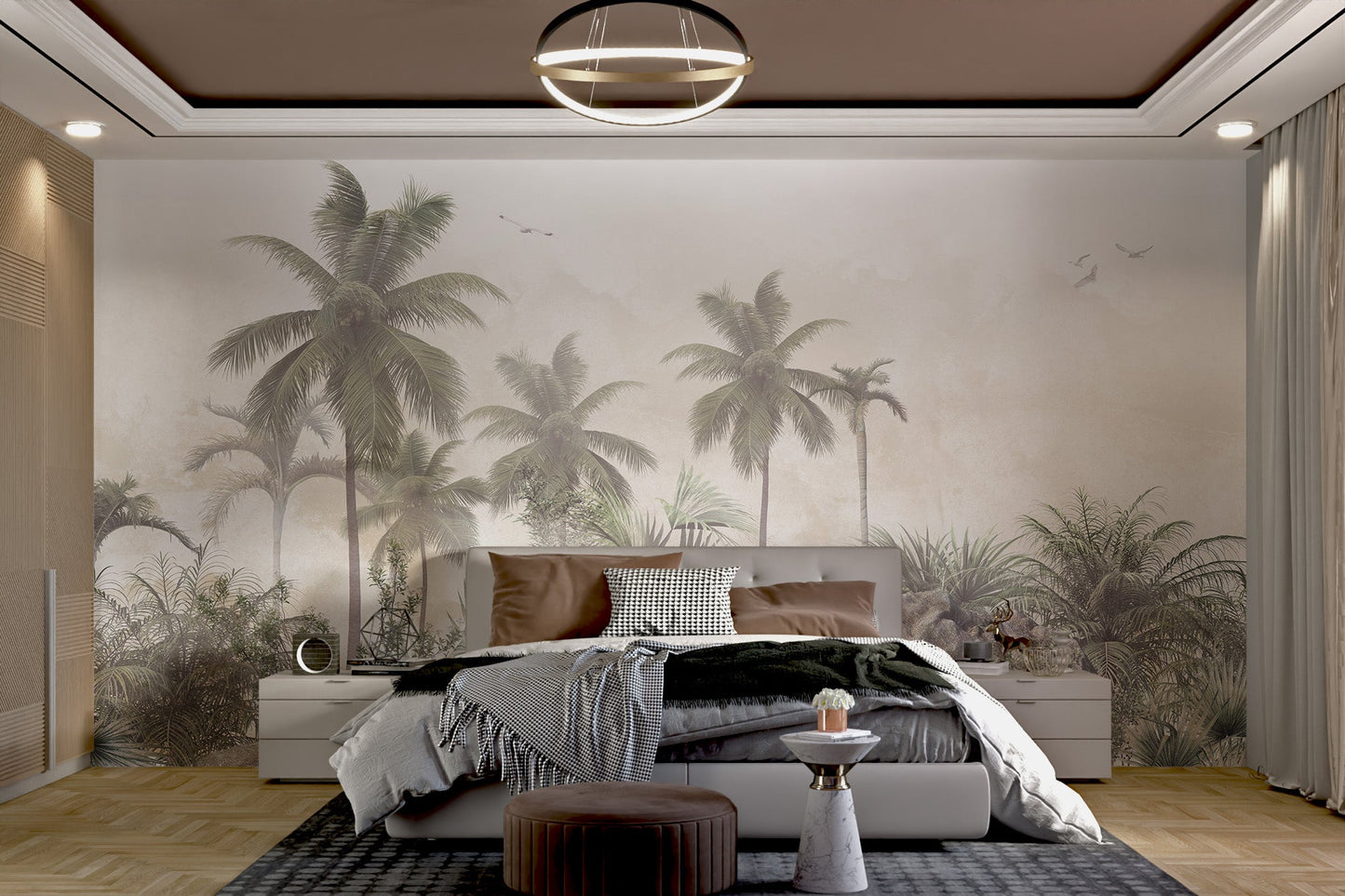 Surrounds Forest Pine Trees Leaves Wall mural in a neutral bedroom.