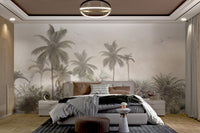 Surrounds Forest Pine Trees Leaves Wall mural in a neutral bedroom.