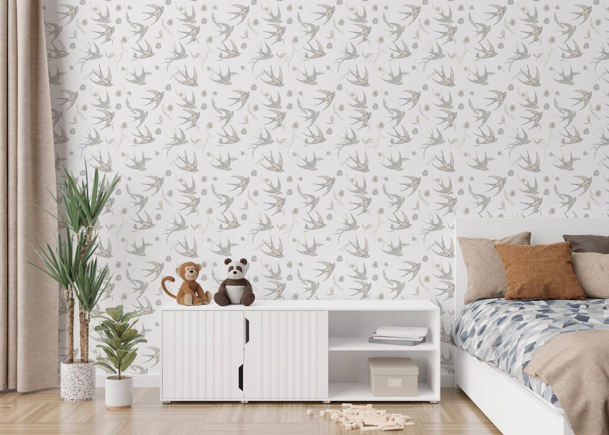 Grey and white bird wallpaper used in a minimalist kids bedroom setup