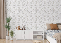Grey and white bird wallpaper used in a minimalist kids bedroom setup