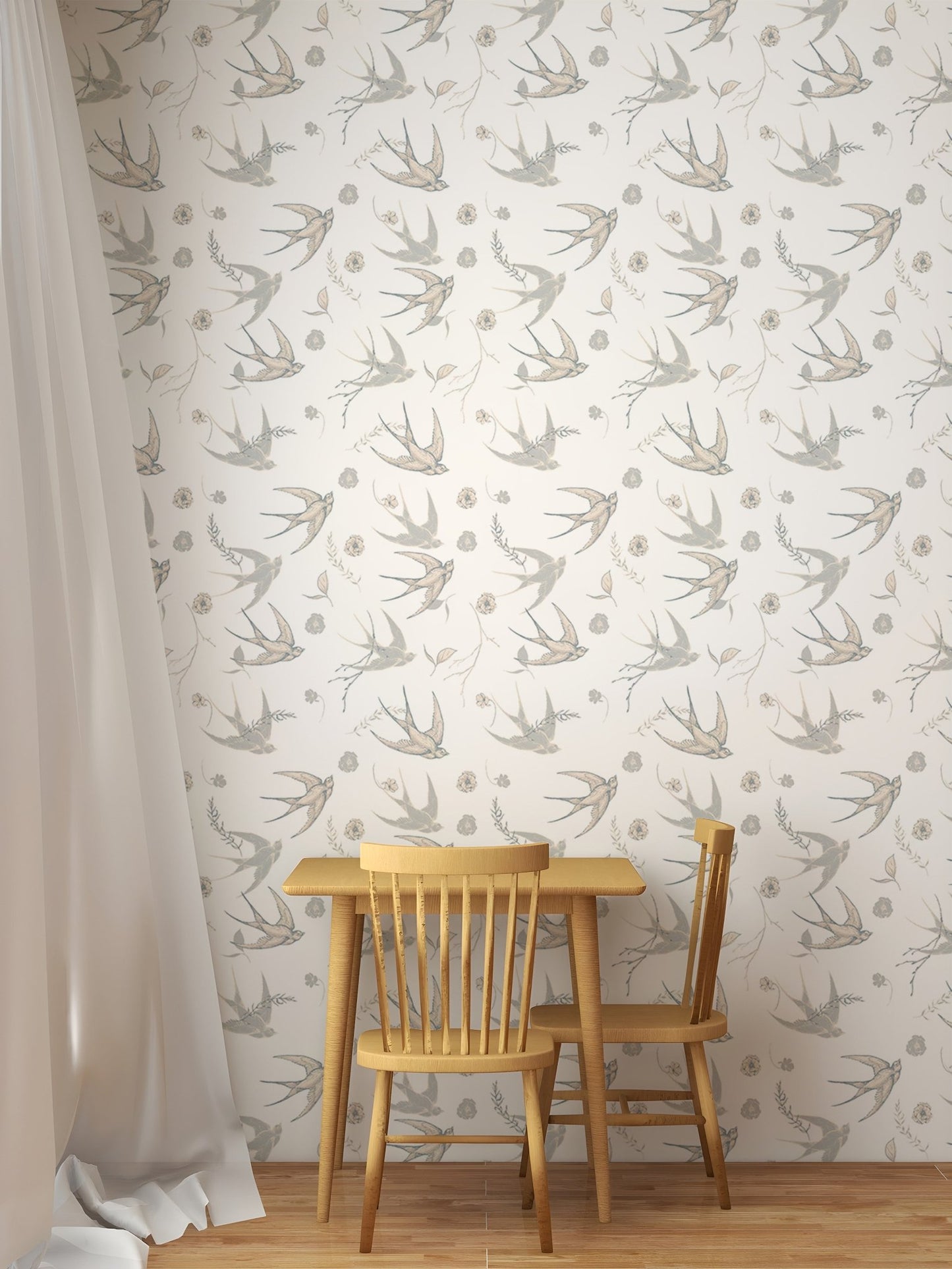 Nature elements pattern wallpaper displayed behind a wooden dining table and chair