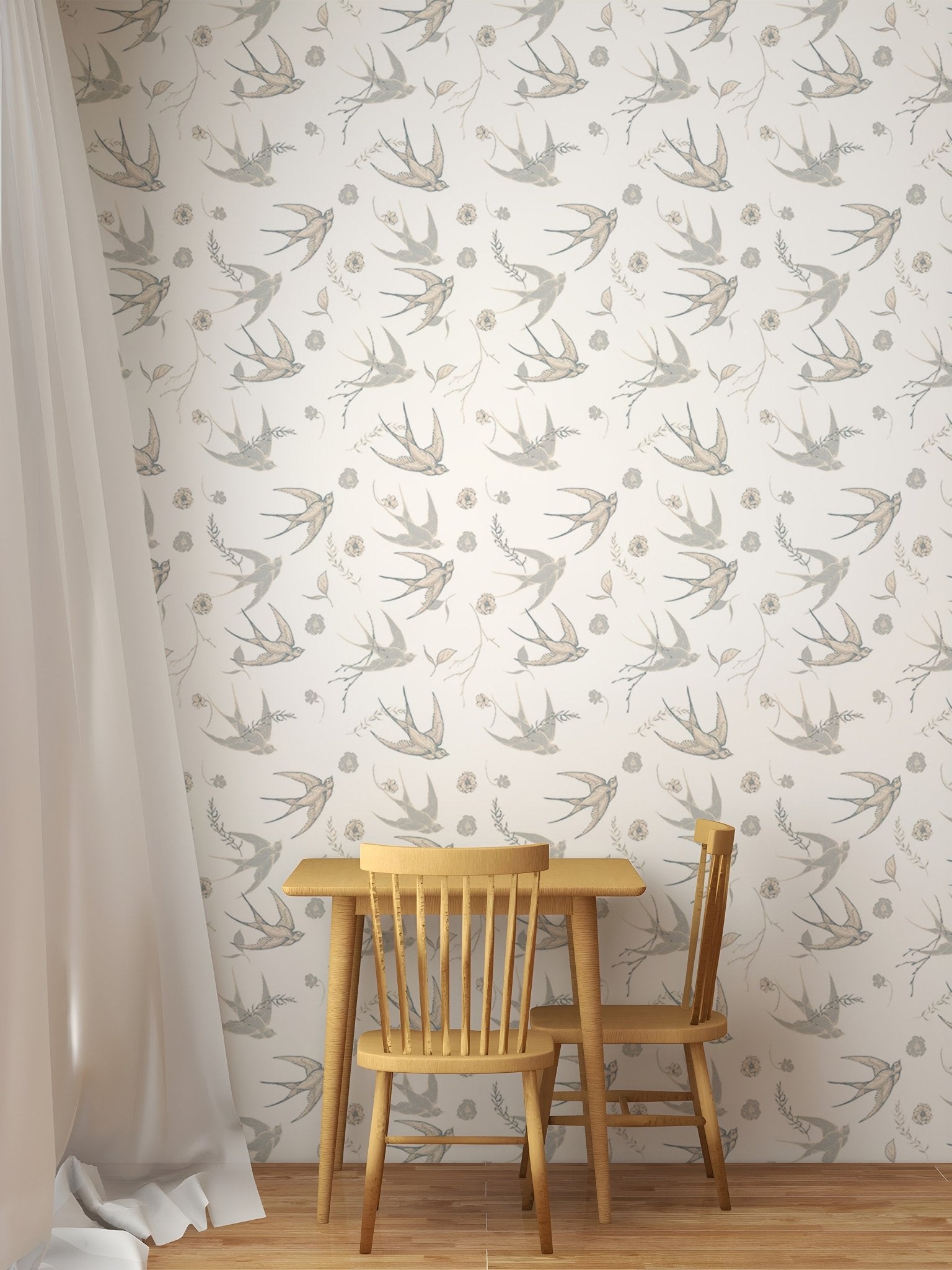 Nature elements pattern wallpaper displayed behind a wooden dining table and chair