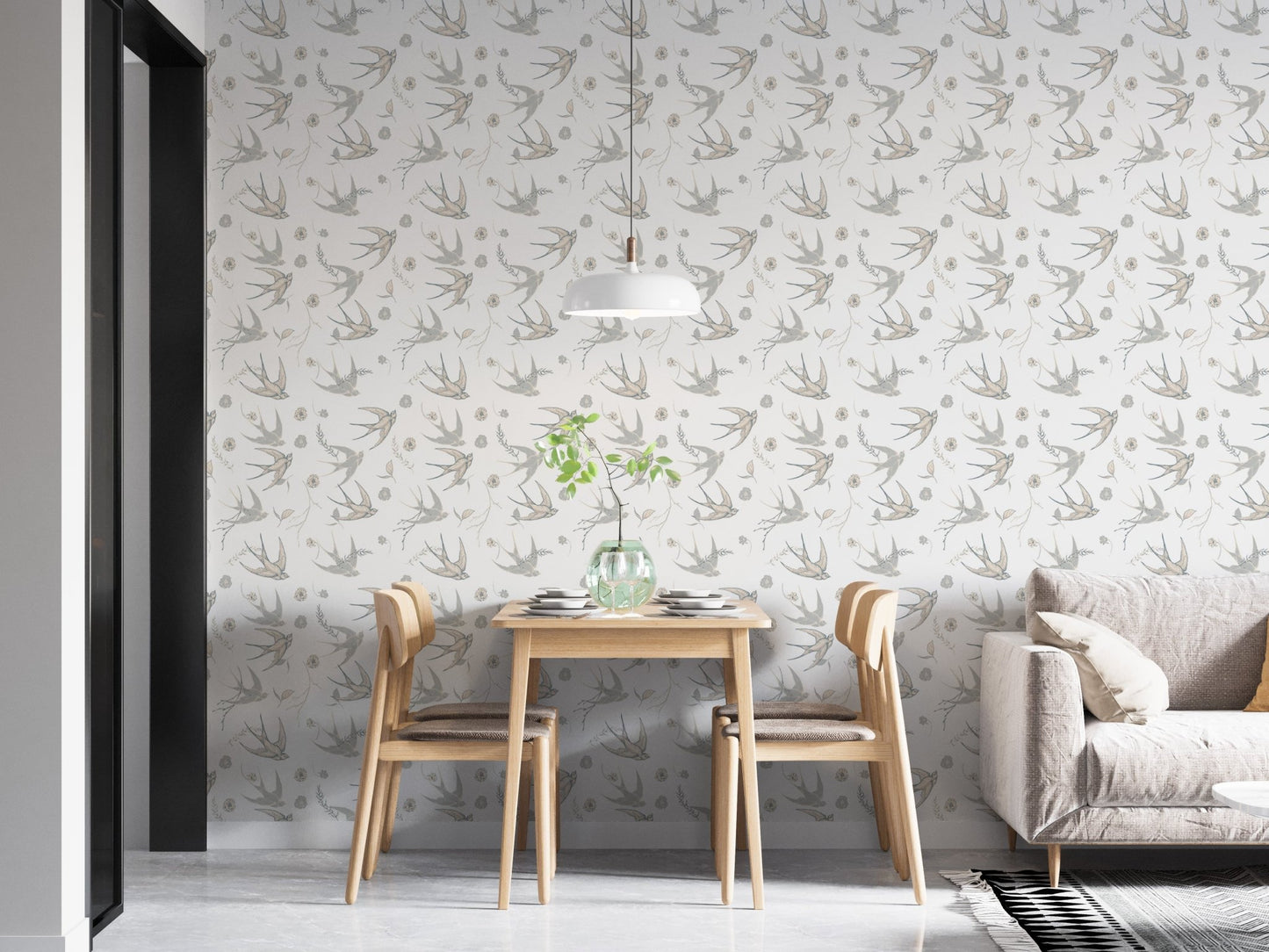 White background wallpaper with grey bird sketches in a modern dining area