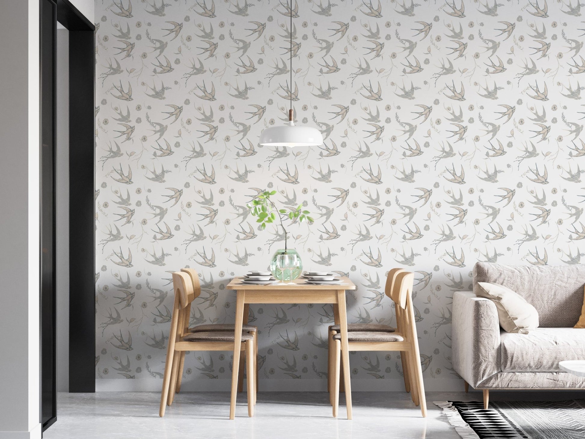 White background wallpaper with grey bird sketches in a modern dining area