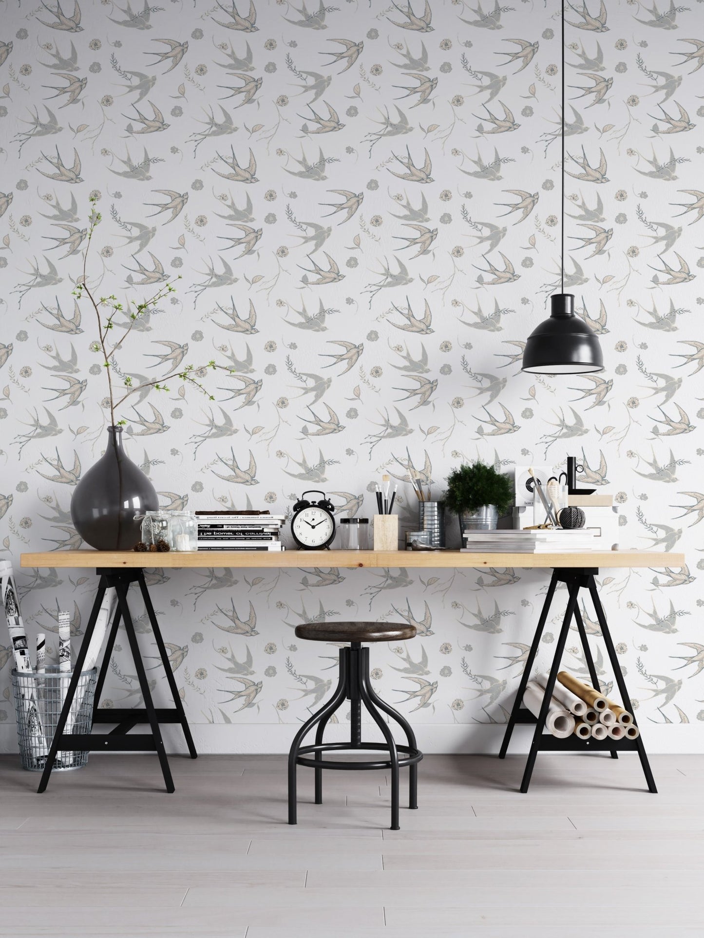 Monochrome swallow bird wallpaper as a feature wall in a home office